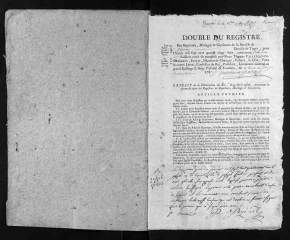 Collection du greffe. Baptêmes, mariages, sépultures, 1788