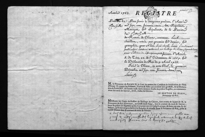 Collection du greffe. Baptêmes, mariages, sépultures, 1763