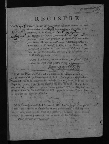 Naissances, mariages, décès, 1793-1806 - Pour les mariages de l'an VII et de l'an VIII, se reporter à la municipalité de canton (Candes)
