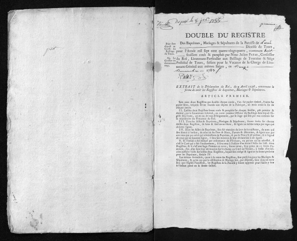 Collection du greffe. Baptêmes, mariages, sépultures, 1785