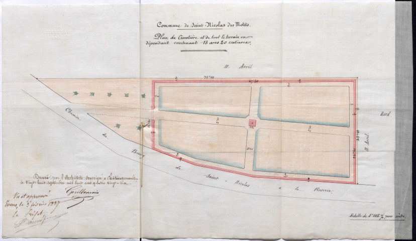 Nouveau cimetière. - Projet : 5 plans (1886), dont un plan du bourg de Saint-Nicolas-des-Motets.
