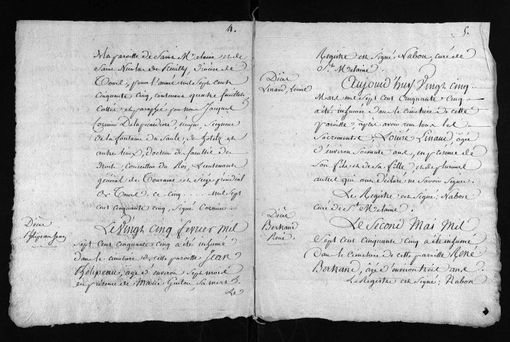 Collection du greffe. Baptêmes, mariages, sépultures, 1755 - Les premiers actes se situent à la fin du livret de l'année 1754