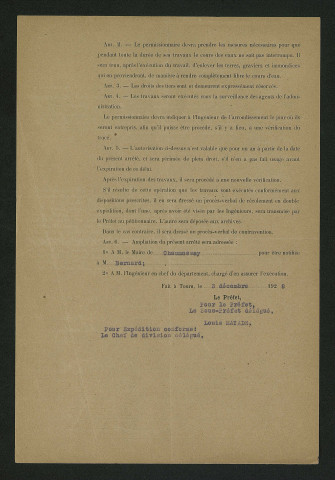 Arrêté autorisant les travaux sur le vannage de décharge et la remise en place de la borne de repère (3 décembre 1928)