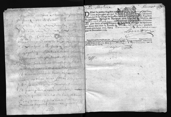 Collection communale. Baptêmes, mariages, sépultures, 1703 et 1707-1709