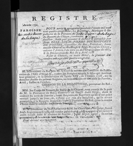 Collection du greffe. Baptêmes, mariages, sépultures, 1791 - L'année 1792 a été numérisée à partir de la collection communale.