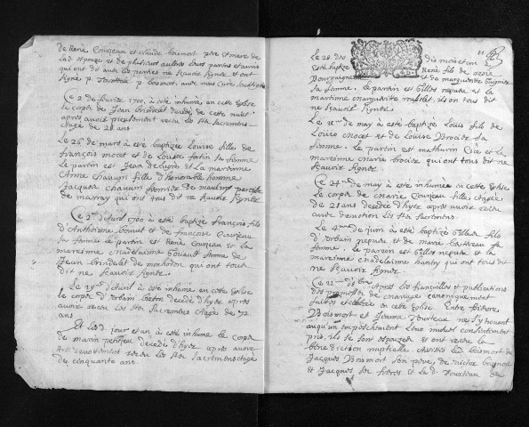 Collection du greffe. Baptêmes, mariages, sépultures, 1700-1701