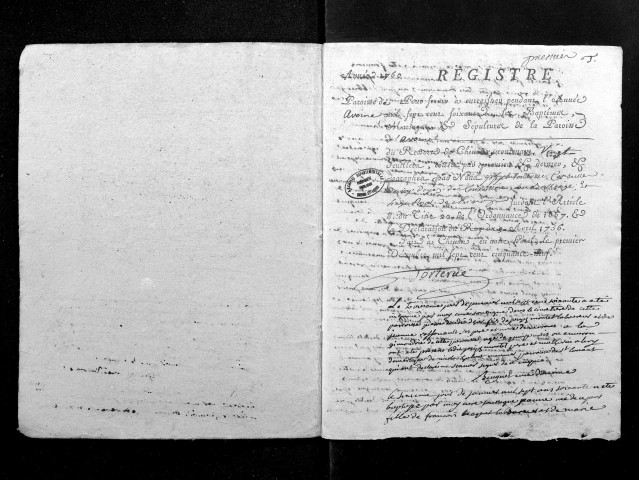 Collection du greffe. Baptêmes, mariages, sépultures, 1760