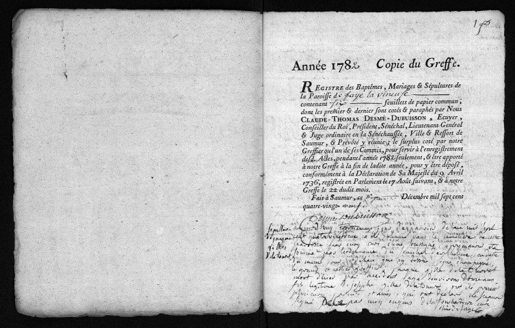 Collection du greffe. Baptêmes, mariages, sépultures, 1782