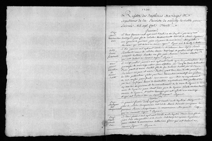 Collection du greffe. Baptêmes, mariages, sépultures, 1730