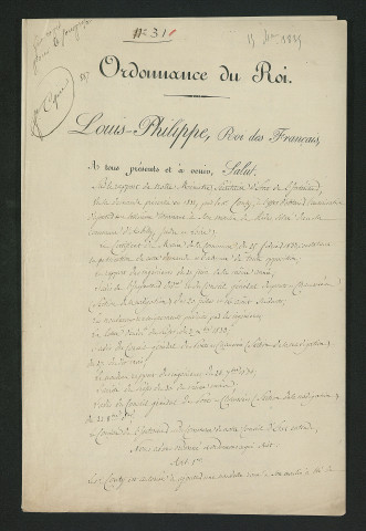 Règlement d'eau : arrêté préfectoral du 30 septembre 1834 et ordonnance royale du 15 février 1835 (1834-1835)