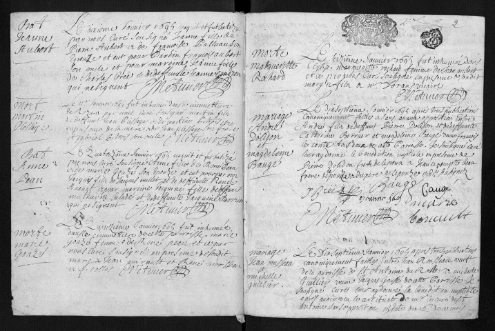 Collection communale. Baptêmes, mariages, sépultures, 1695-1708