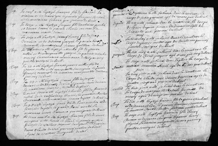 Collection du greffe. Baptêmes, mariages, sépultures, 1692 - Les années 1674-1691 sont lacunaires dans cette collection