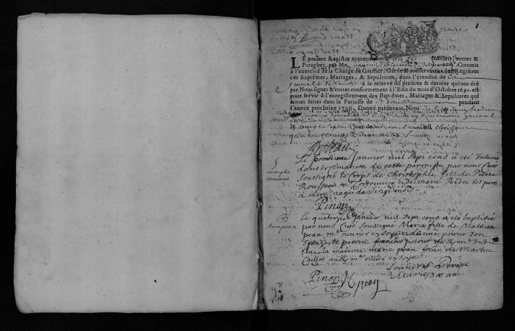 Collection communale. Baptêmes, mariages, sépultures, 3 janvier 1700-22 novembre 1718