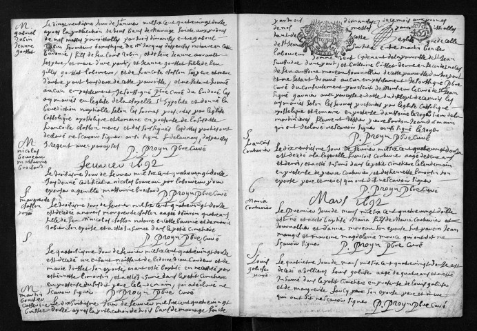 Baptêmes, mariages, sépultures, 1692 - Les années 1689-1691 sont lacunaires dans la collection du greffe et dans la collection communale