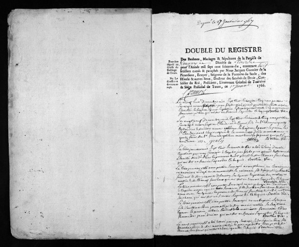 Collection du greffe. Baptêmes, mariages, sépultures, 1766