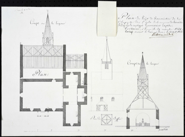 Église : 1 plan de projet de reconstruction de la charpente (1822) ; 1 plan d'une portion de l'église à rétablir (1822).