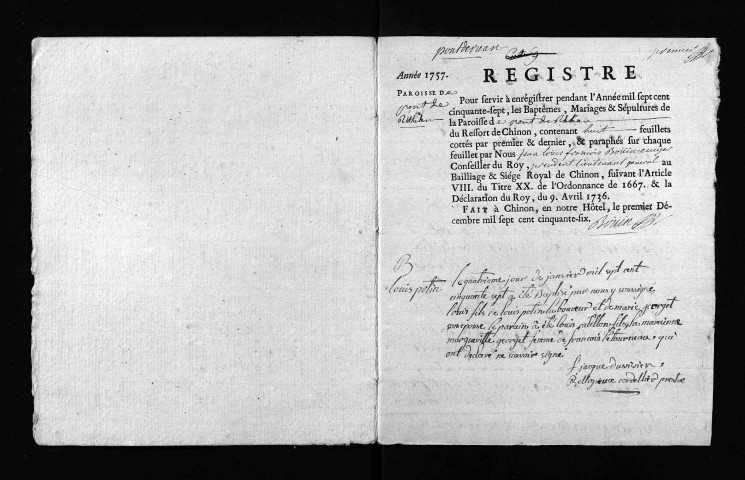 Collection du greffe. Baptêmes, mariages, sépultures, 1757