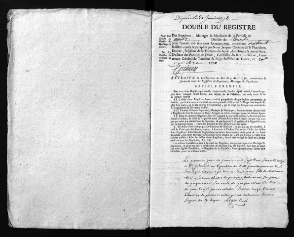 Collection du greffe. Baptêmes, mariages, sépultures, 1771