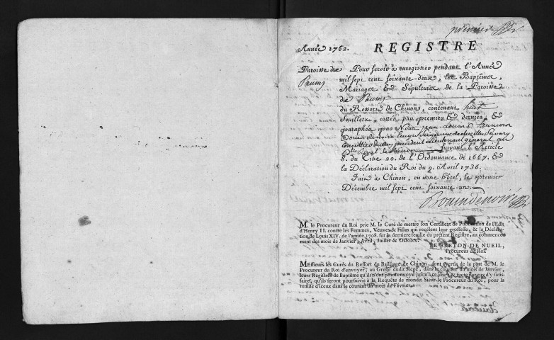 Collection du greffe. Baptêmes, mariages, sépultures, 1762