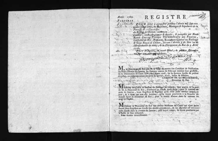 Collection du greffe. Baptêmes, mariages, sépultures, 1783