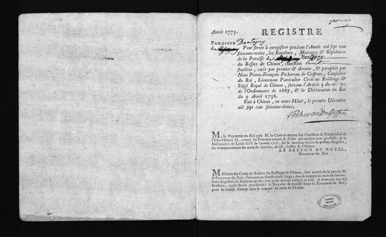 Collection du greffe. Baptêmes, mariages, sépultures, 1773