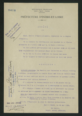 Vérification des usines et moulins de la Claise, mise en demeure de la Société des usines hydro-électriques Creuse et Vienne d'exécuter des travaux au moulin de Rives (18 mai 1933)