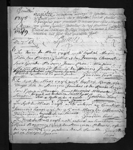 Collection du greffe. Baptêmes, mariages, sépultures, 1748-1749
