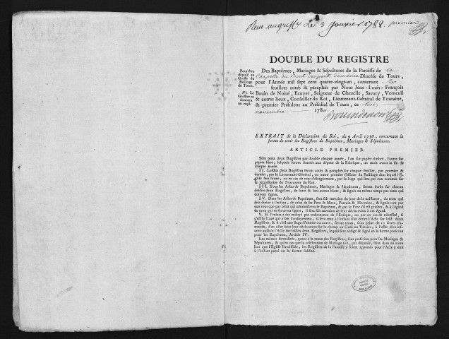 Collection du greffe. Baptêmes, mariages, sépultures, 23 janvier-30 décembre 1781