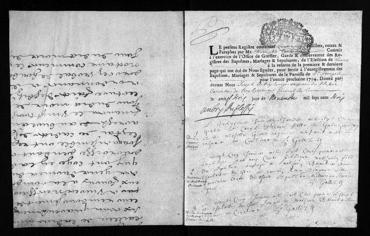 Baptêmes, mariages, sépultures, 1704 - Les années 1697-1703 sont lacunaires dans la collection du greffe
