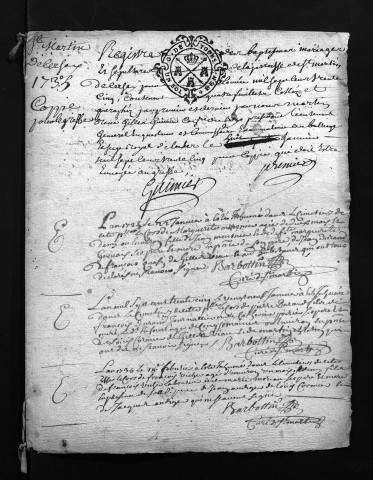 Collection du greffe. Baptêmes, mariages, sépultures, 1735