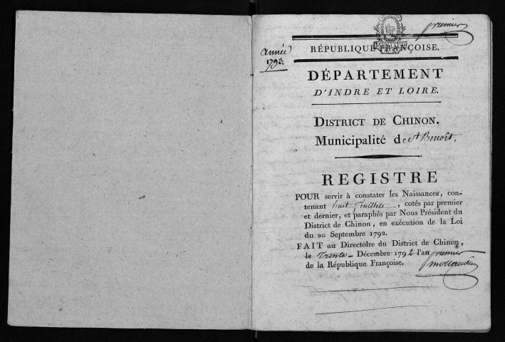 Naissances, mariages, décès, 1793-1806 - Pour les mariages de l'an VII et de l'an VIII, se reporter à la municipalité de canton (Rigny) - Lacune an XII : naissance de Claude Driancoure du 15 frimaire, naissance de Marie Chessé du 6 nivôse et décès de François Devant du 7 nivôse.