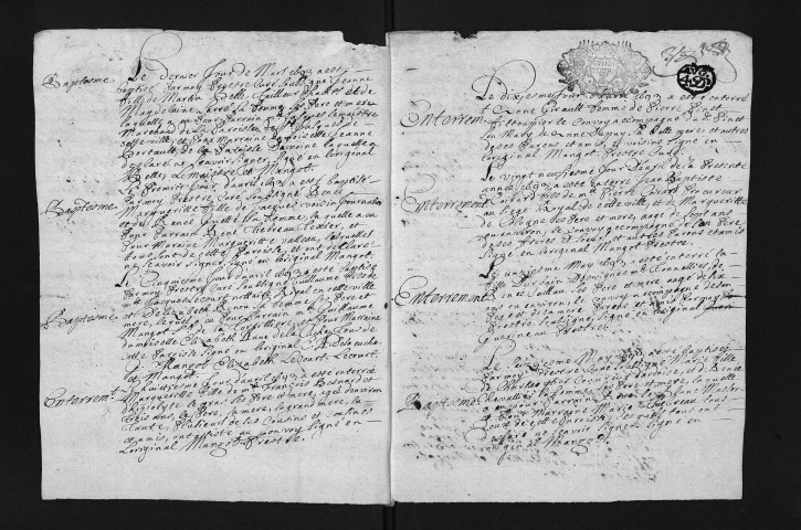 Collection du greffe. Baptêmes, mariages, sépultures, 1693