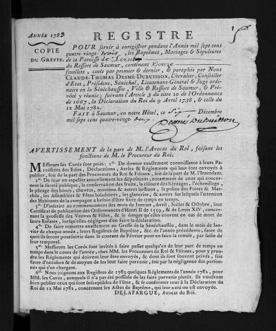 Collection du greffe. Baptêmes, mariages, sépultures, 1783