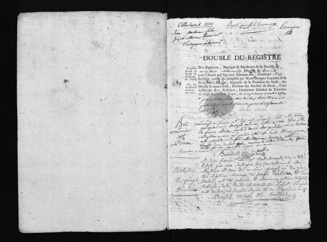 Collection du greffe. Baptêmes, mariages, sépultures, 1770