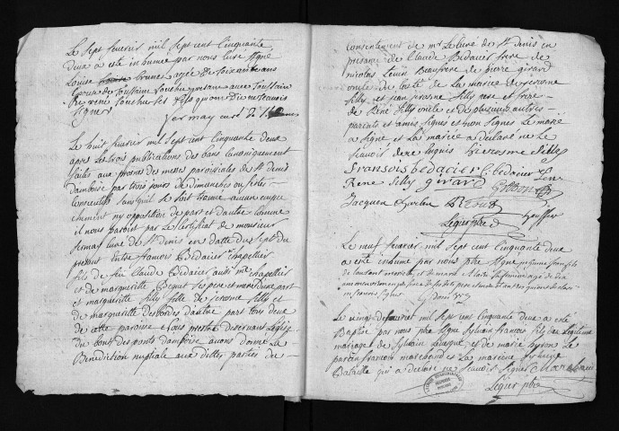Collection du greffe. Baptêmes, mariages, sépultures, 14 janvier 1752-5 mars 1753