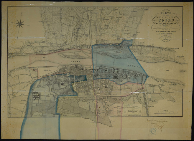 Carte de la ville de Tours et de ses environs dressée sous l'administration et les auspices de M. d'Entraigues, préfet, et de M. Walvein, maire, par M. Gayard, géomètre en chef du cadastre. Editeur Moisy, rue Royale à Tours (1839) : exemplaire comportant des zones colorées annexé à une Perdiguere3265!
.