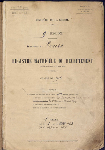 Classe 1916. Matricules n°1-168, 643-1000