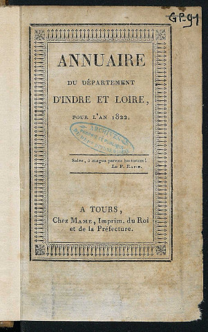 Annuaire du département de l'Indre-et-Loire - 1822.