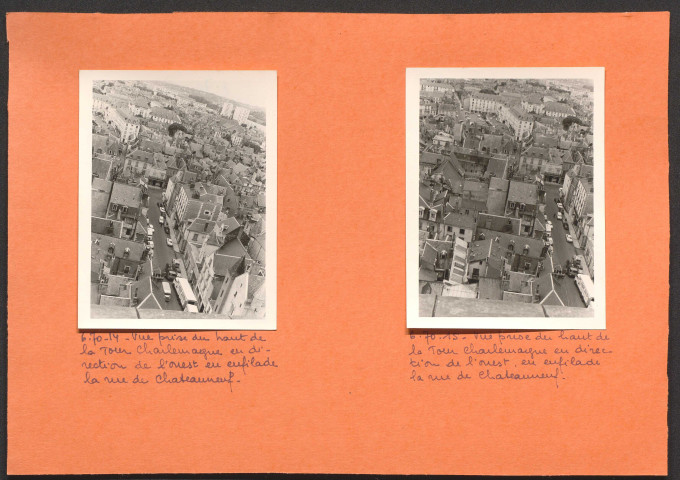 Vue prise du haut de la tour Charlemagne en direction de l'ouest : en enfilade la rue de Châteauneuf.