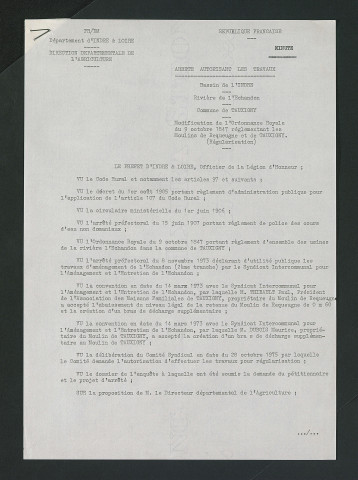 Arrêté modifiant le niveau légal de la retenue pour les moulins de Requeugne et de Tauxigny (1er mars 1976)