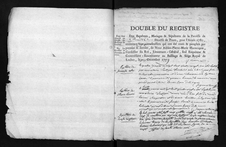 Collection du greffe. Baptêmes, mariages, sépultures, 1780