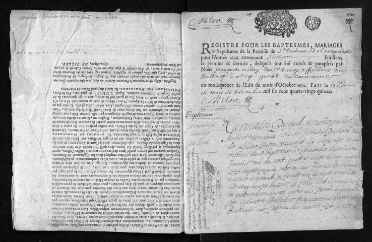 Collection du greffe. Baptêmes, mariages, sépultures, 1696 - Les années 1681-1695 sont lacunaires dans cette collection