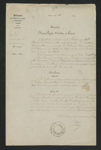 Arrêté préfectoral autorisant le propriétaire à subsistuer des aiguilles aux vannes de décharge des moulins de la Chévrière, de Saché et neuf. (12 octobre 1853)