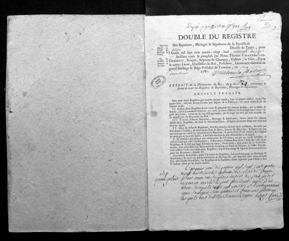 Collection du greffe. Baptêmes, mariages, sépultures, 1788