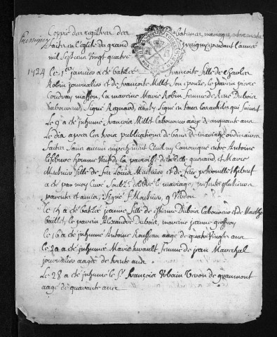 Collection du greffe. Baptêmes, mariages, sépultures, 1724