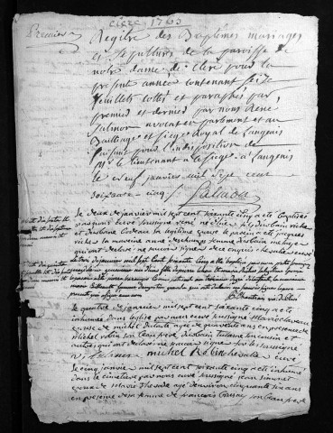 Collection du greffe. Baptêmes, mariages, sépultures, 1765
