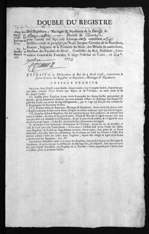 Collection du greffe. Baptêmes, mariages, sépultures, 1771-1772