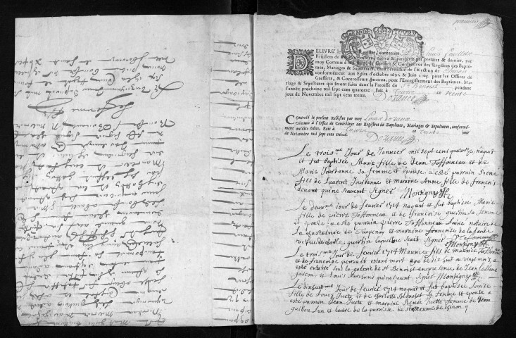 Baptêmes, mariages, sépultures, 1714 - Les années 1709-1713 sont lacunaires dans la collection du greffe