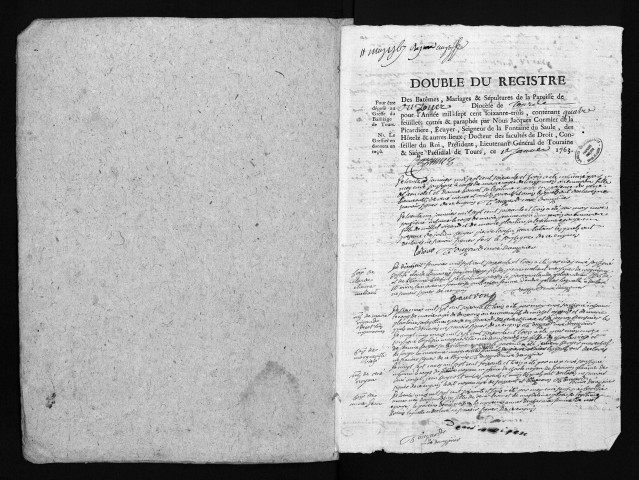 Collection du greffe. Baptêmes, mariages, sépultures, 1763