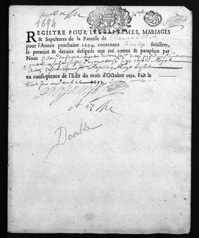 Collection du greffe. Baptêmes, mariages, sépultures, 1694-1695